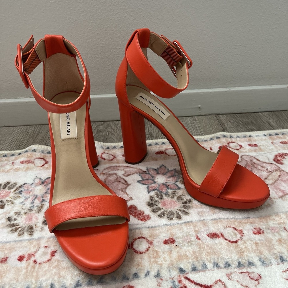 Antonio Melani Women Tangerine Orange Strap Sandals Pump Block High Heel Sz 7.5 - Picture 3 of 8